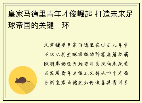 皇家马德里青年才俊崛起 打造未来足球帝国的关键一环